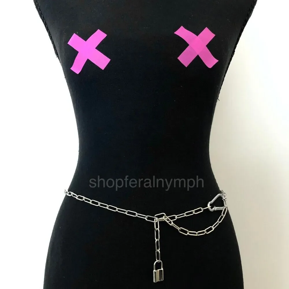 Vintage Y2K Cyberpunk Silver Padlock Chain Belt, Fits Up to 37 Inches, X7GA1226